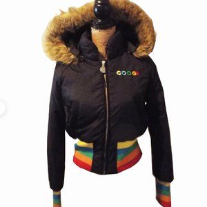 90s Vintage COOGI Black Lady Bomber Jacket, Coat Parka, Rainbow Waist & Sleeves